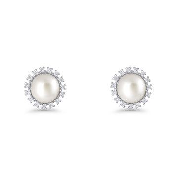 Pearl Stud Earrings 8.7mm Halo Cubic Zirconia 925 Sterling Silver Wholesale
